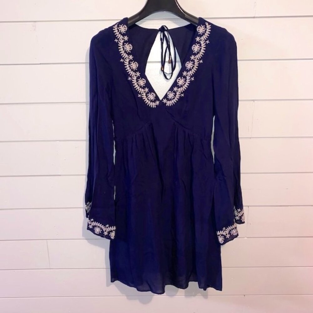 NWT altar'd state navy open back dress bell sleeves white embroidery mini SMALL